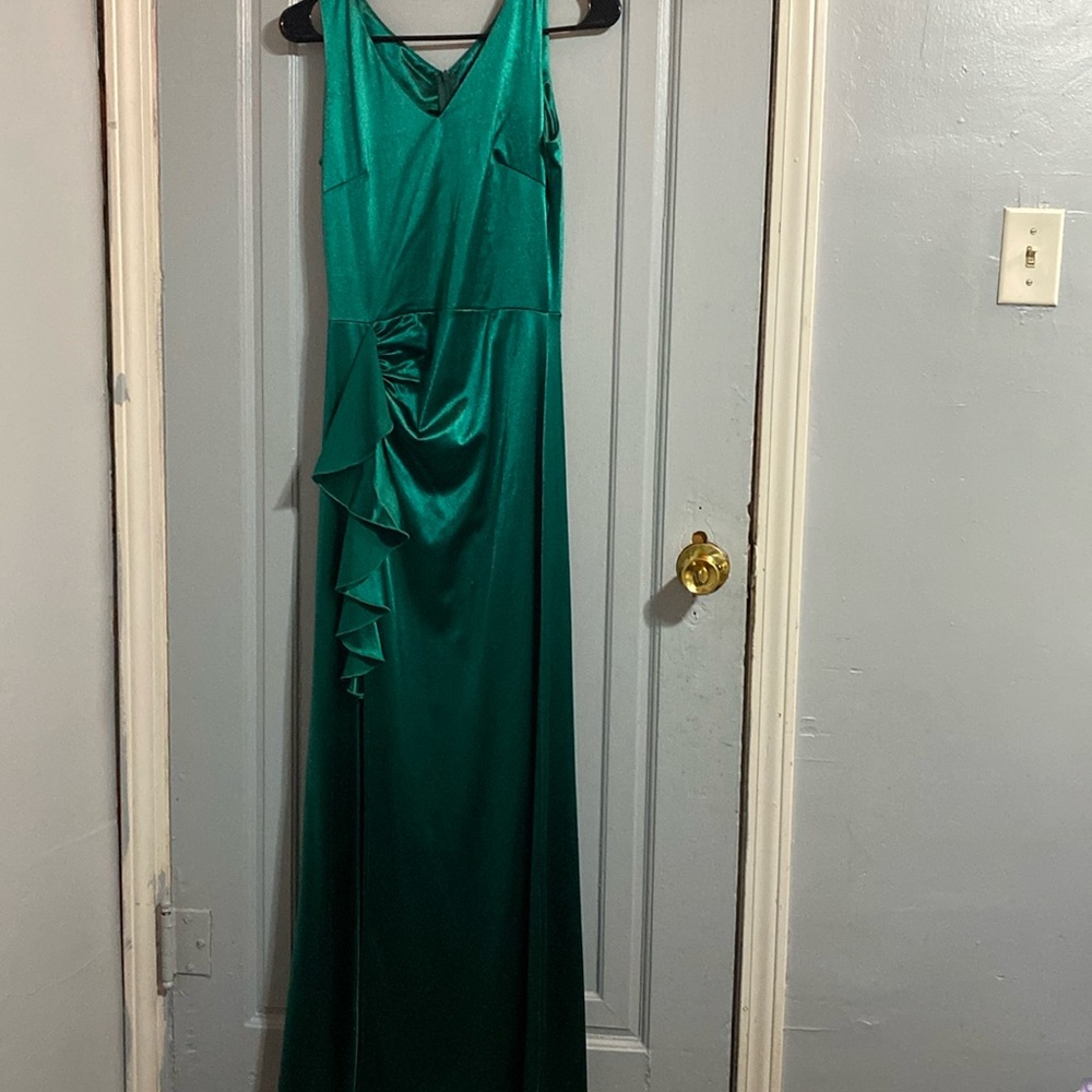 FORTRIC, green, v-neck front and back, long party dress